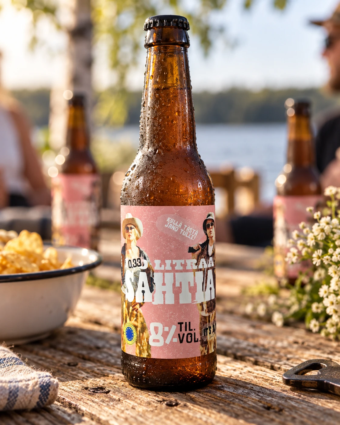 Leffasahti-pullo ja 100 litraa sahtia -etiketti